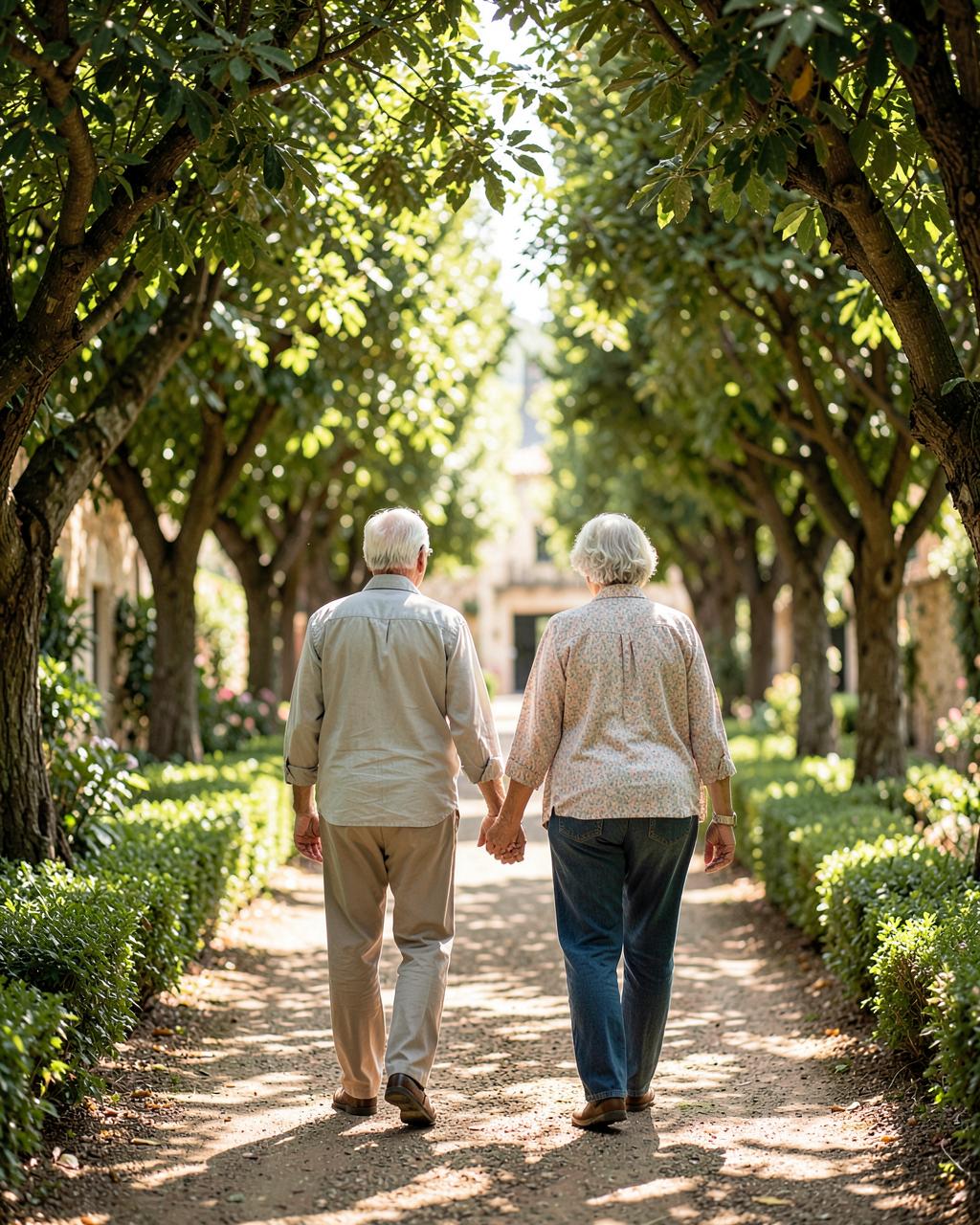 Casal de idosos a caminhar de mãos dadas num jardim